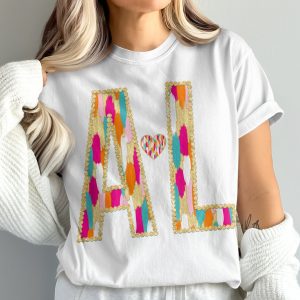 AL Initial T-Shirt, Custom Letters Shirt, Comfort Colors 1717, Personalized Shirt, Brush Stroke, Gold Studded, Gift for Her, Matching Couple