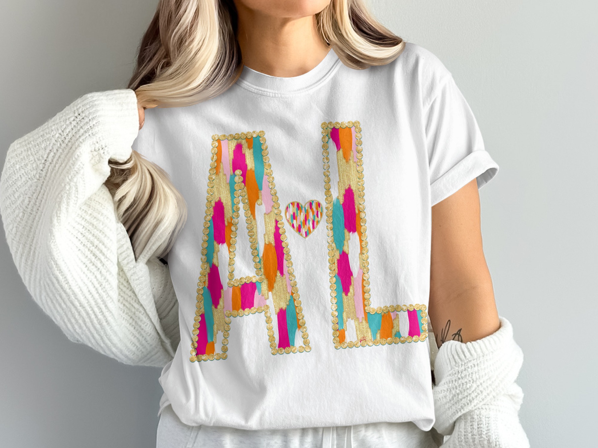 AL Initial T-Shirt, Custom Letters Shirt, Comfort Colors 1717, Personalized Shirt, Brush Stroke, Gold Studded, Gift for Her, Matching Couple