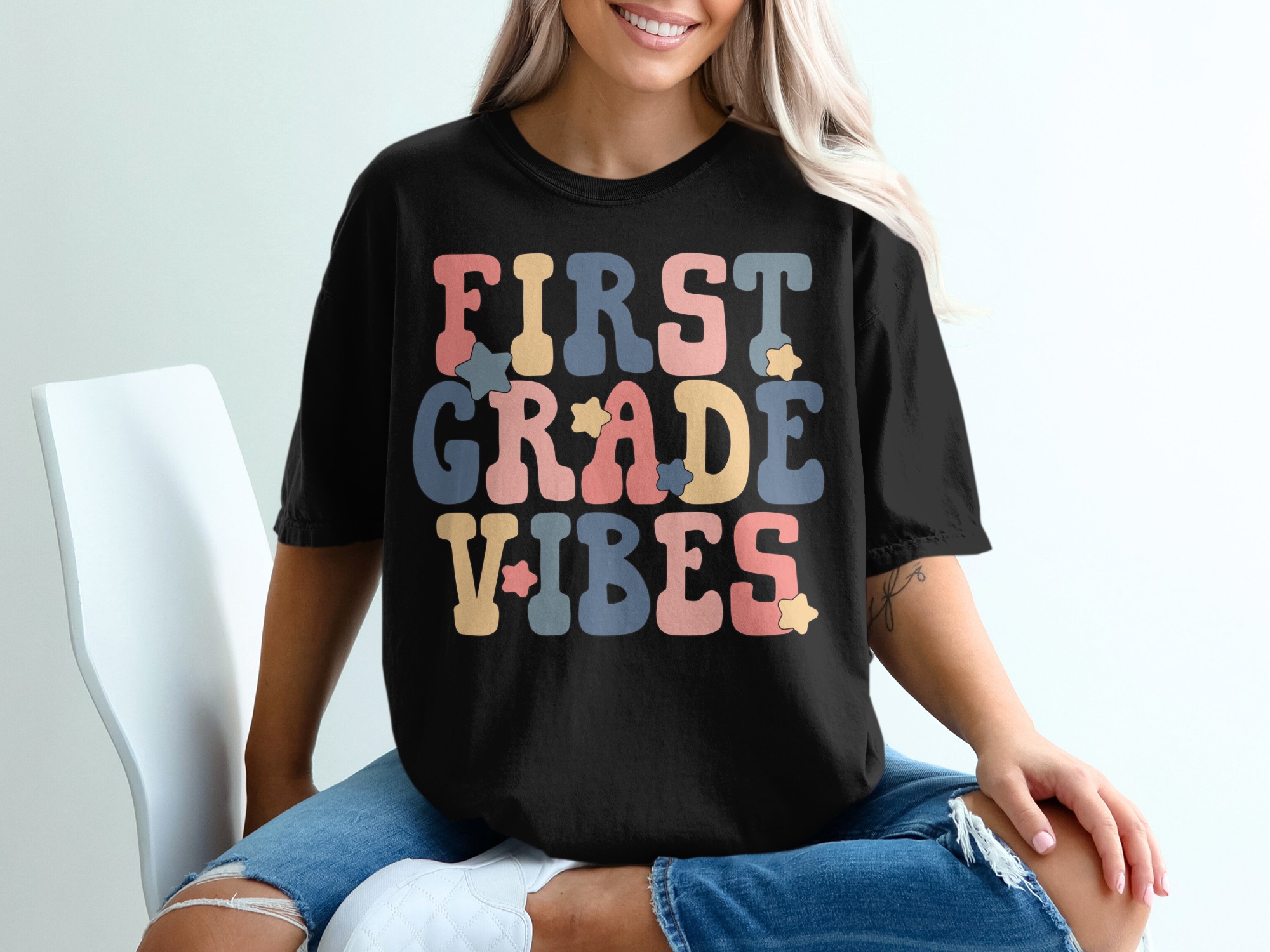 First Grade Vibes T-Shirt, Teacher T-Shirt, Back to School Shirt, Groovy Shirt, Pastel Colors, Fun Classroom Tee, Education Gift - Image 2