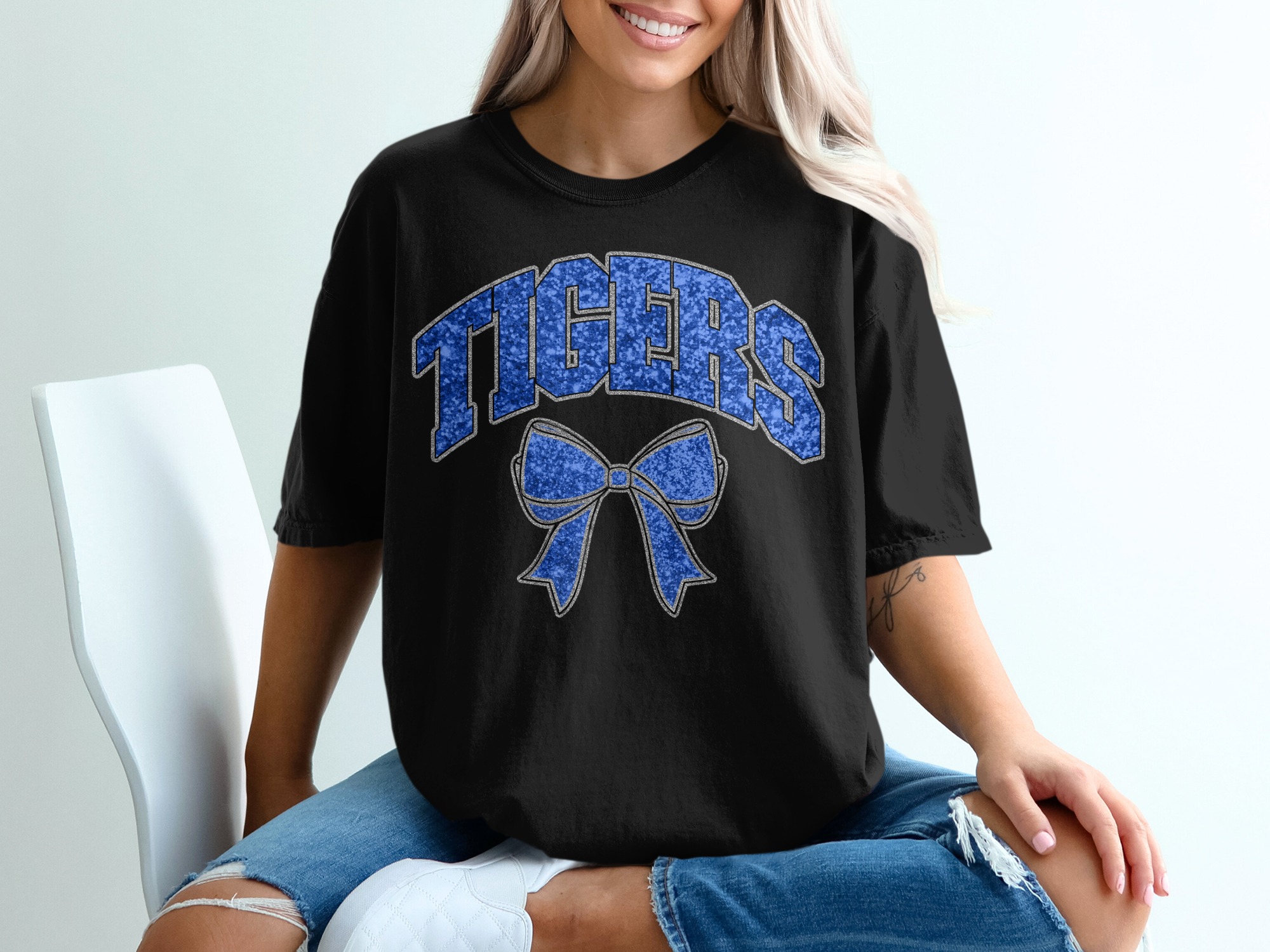 Tigers T-Shirt, Blue Glitter, Bow T Shirt, Team Spirit Top, Game Day Tee, School Pride Shirt, Tigers Fan Gift, Trendy Graphic Shirt - Image 2