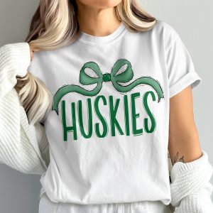 Huskies T-Shirt, Green Bow Shirt, Comfort Colors 1717 Tee, Trendy Graphic Tee, Cute College Shirt, Gift for Her, Game Day Shirt