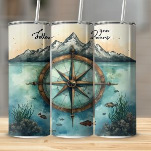 Compass 20oz Sublimation Digital Download, Follow Your Dreams Tumbler Design, Travel Adventure PNG, Watercolor Mountain Scene Tumbler