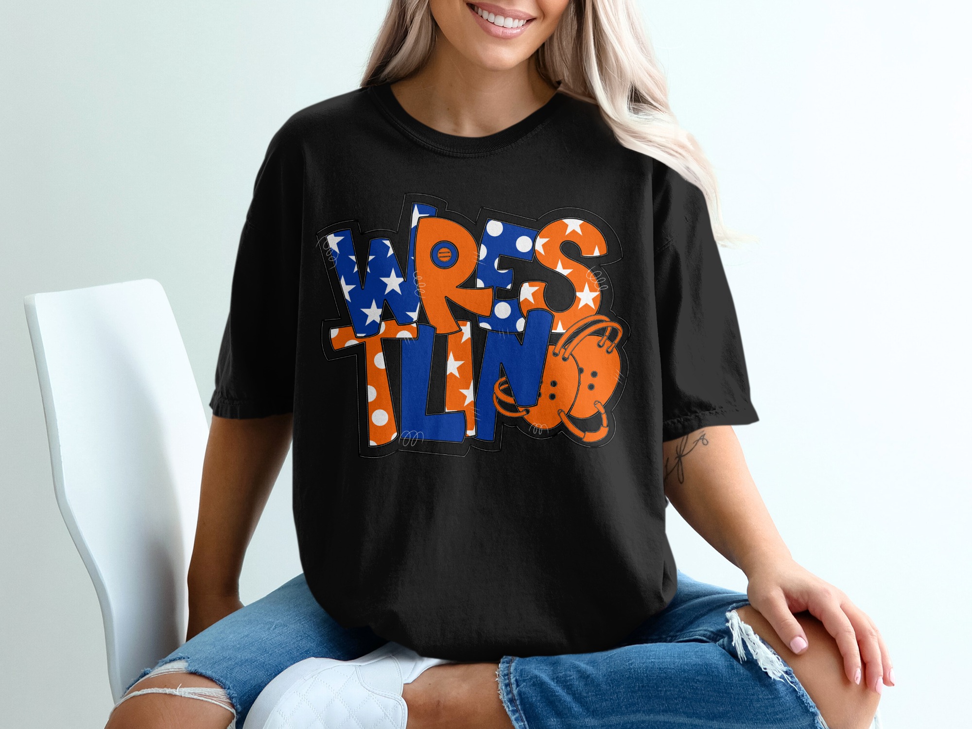 Wrestling T-Shirt, Collegiate Wrestling, Sports T-Shirt, Wrestler Gift, Tournament Tee, Fan Apparel, Wrestling Helmet Tee, Blue Orange - Image 2