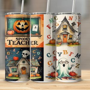 Spooky Teacher 20oz Tumbler Wrap, Halloween Digital Download, Pumpkin, Ghost, School House, Sublimation Design, Teacher Gift, Digital