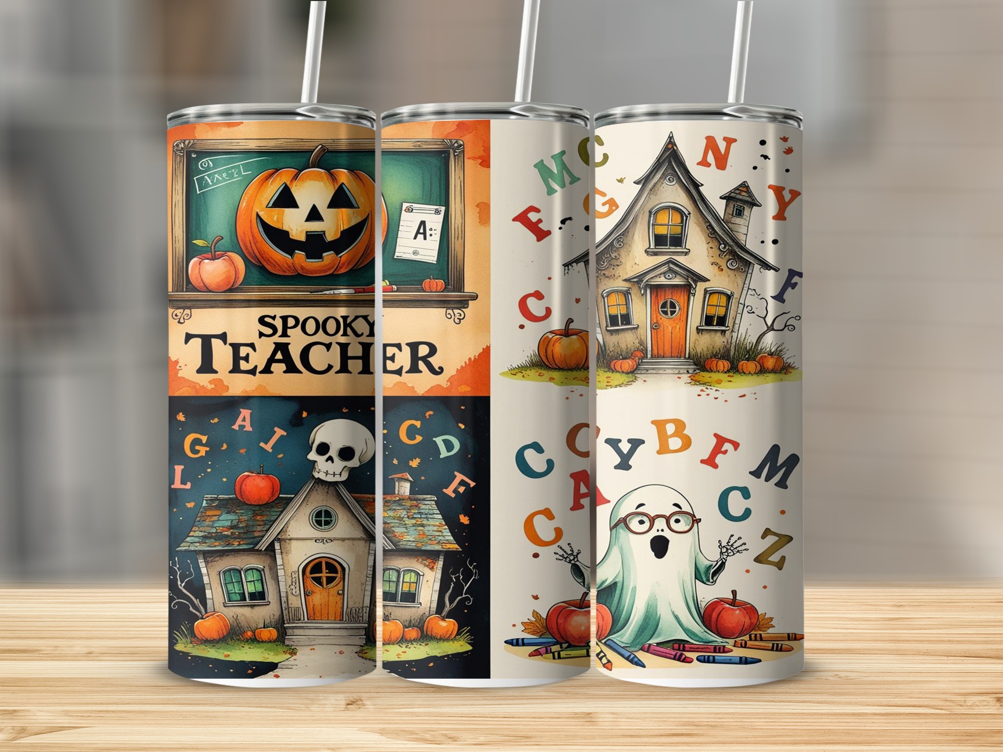 Spooky Teacher 20oz Tumbler Wrap, Halloween Digital Download, Pumpkin, Ghost, School House, Sublimation Design, Teacher Gift, Digital