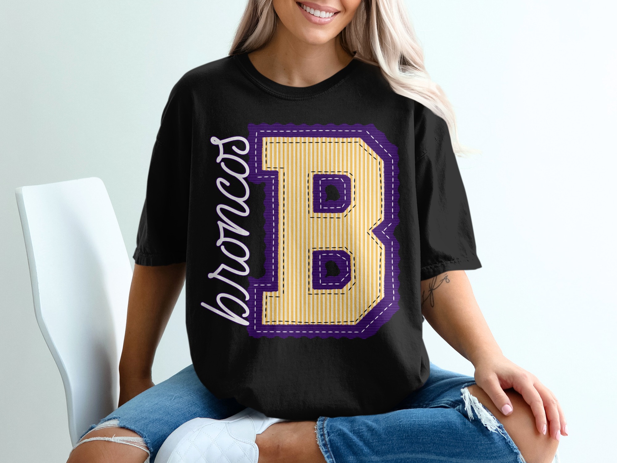 Broncos 'B' Letter T-Shirt, Comfort Colors 1717, Game Day Shirt, College Apparel, Sports Fan Gift, Purple and Gold Team Pride - Image 3