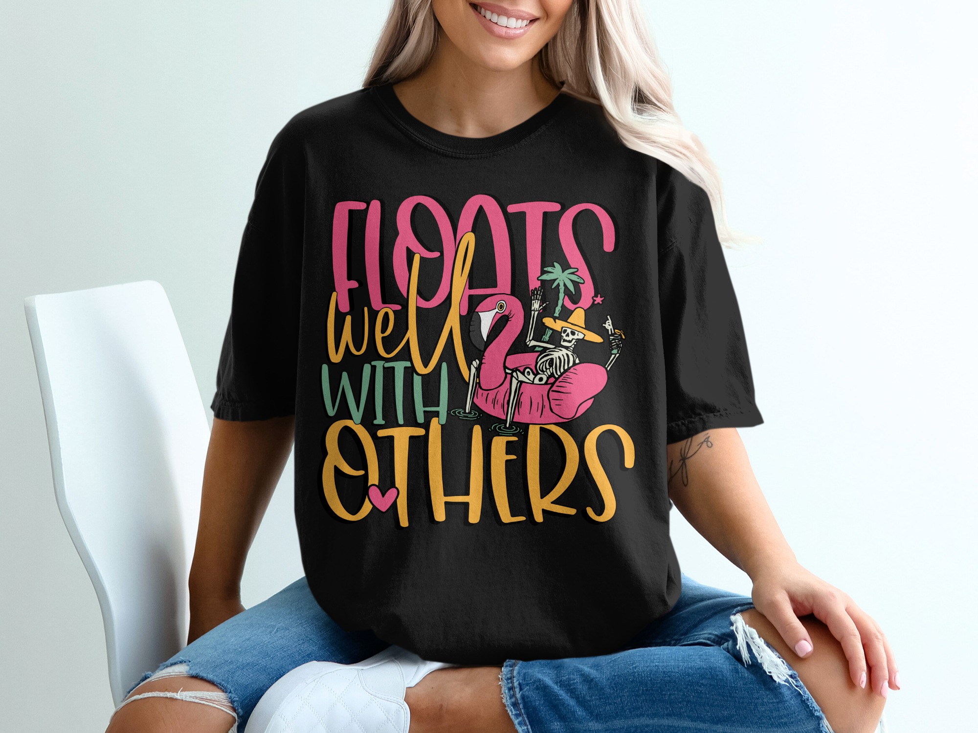 Floats Well With Others T-Shirt, Funny Summer Shirt, Skeleton Beach Vacation Tee, Tropical Flamingo Float Top, Vacation Party TShirt - Image 2