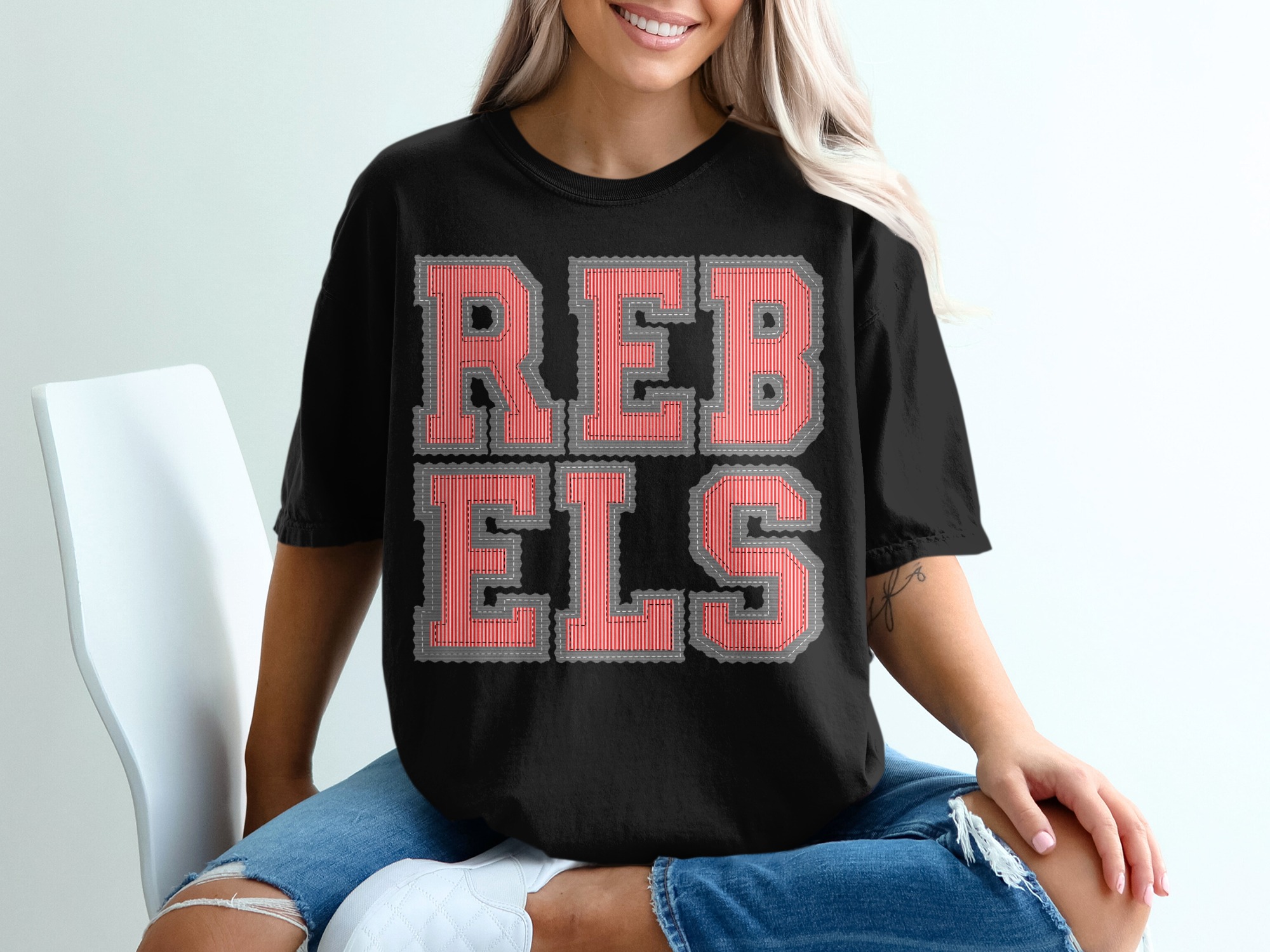 Rebels T-Shirt, Embroidered Letter Design, Comfort Colors 1717 Tee, Unique Statement Shirt, Edgy Fashion Top, Trendy Unisex Apparel - Image 3