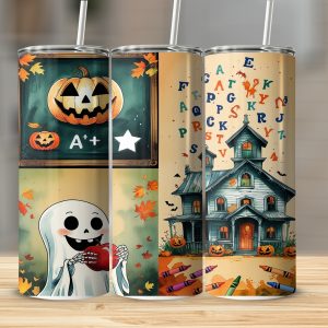 Halloween School 20oz Tumbler Wrap Digital Download, Sublimation Design, Ghost, Pumpkin, Haunted House, Teacher Tumbler Design