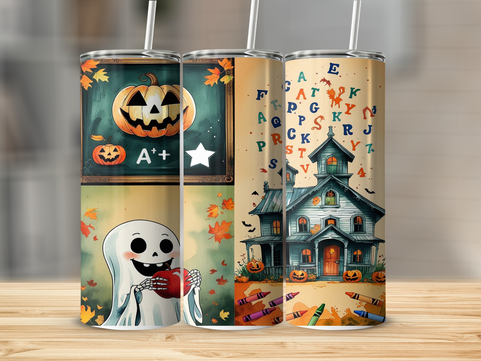 Halloween School 20oz Tumbler Wrap Digital Download, Sublimation Design, Ghost, Pumpkin, Haunted House, Teacher Tumbler Design