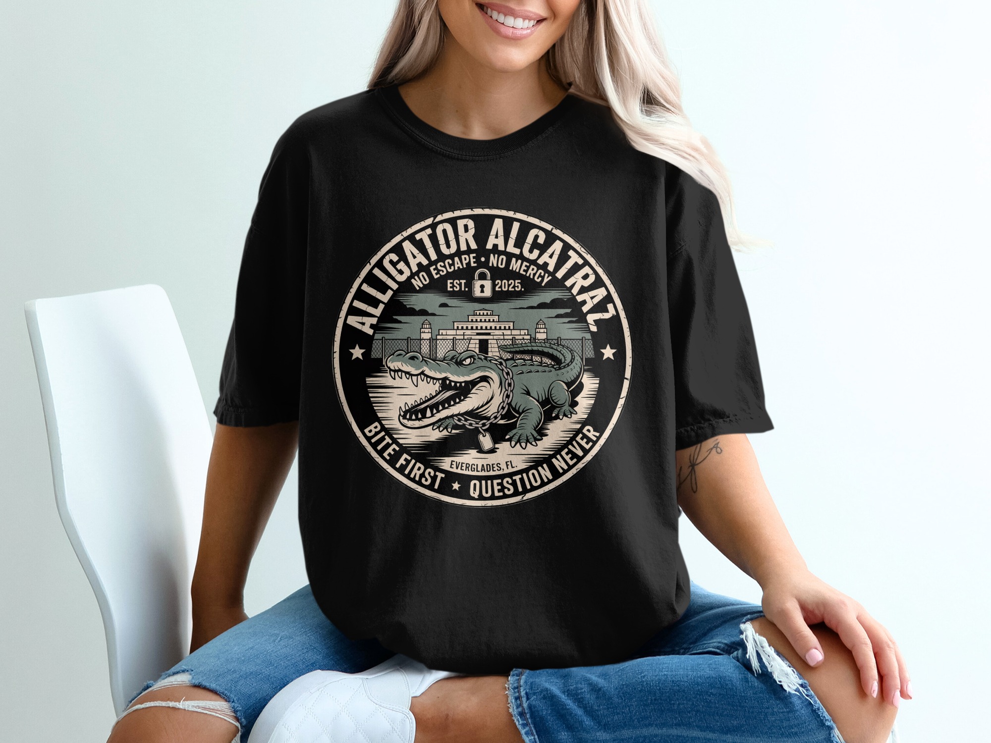 Alligator Alcatraz T-Shirt, Everglades Design, No Escape Tee, Bite First, Unique Graphic, Trendy T-Shirts, Cool Alligator, Florida Shirt - Image 2