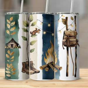 Camping Tumbler Wrap, Cabin, Boots, Squirrel, Fire Digital,Sublimation 20oz Tumbler Wrap Digital Download Design, PNG Template