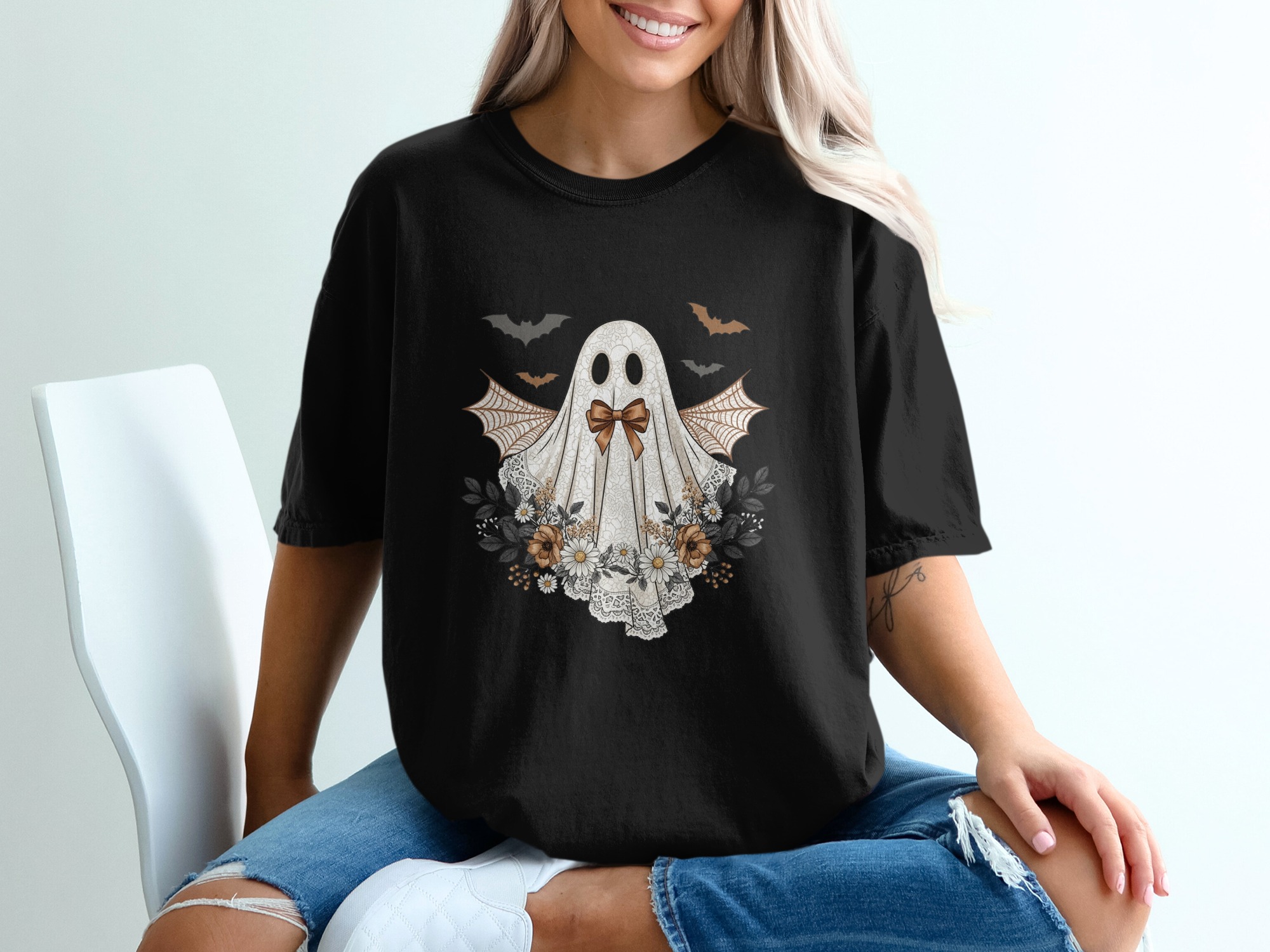 Floral Ghost T-Shirt, Spooky Season Tee, Cute Halloween Shirt, Bats Graphic Shirt, Autumn Apparel, Trendy Fall Outfit - Image 2