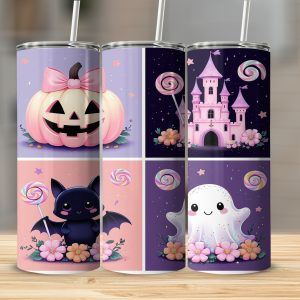 Cute Halloween Tumbler Wrap, Digital Sublimation 20oz Tumbler Design, Ghost Bat Pumpkin Castle Wrap, Spooky Season Digital Download
