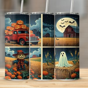 Halloween Tumbler Wrap Digital Download, 20oz Sublimation Design, Fall Truck, Ghost, Scarecrow, Barn, Autumn Nights, Full Wrap PNG