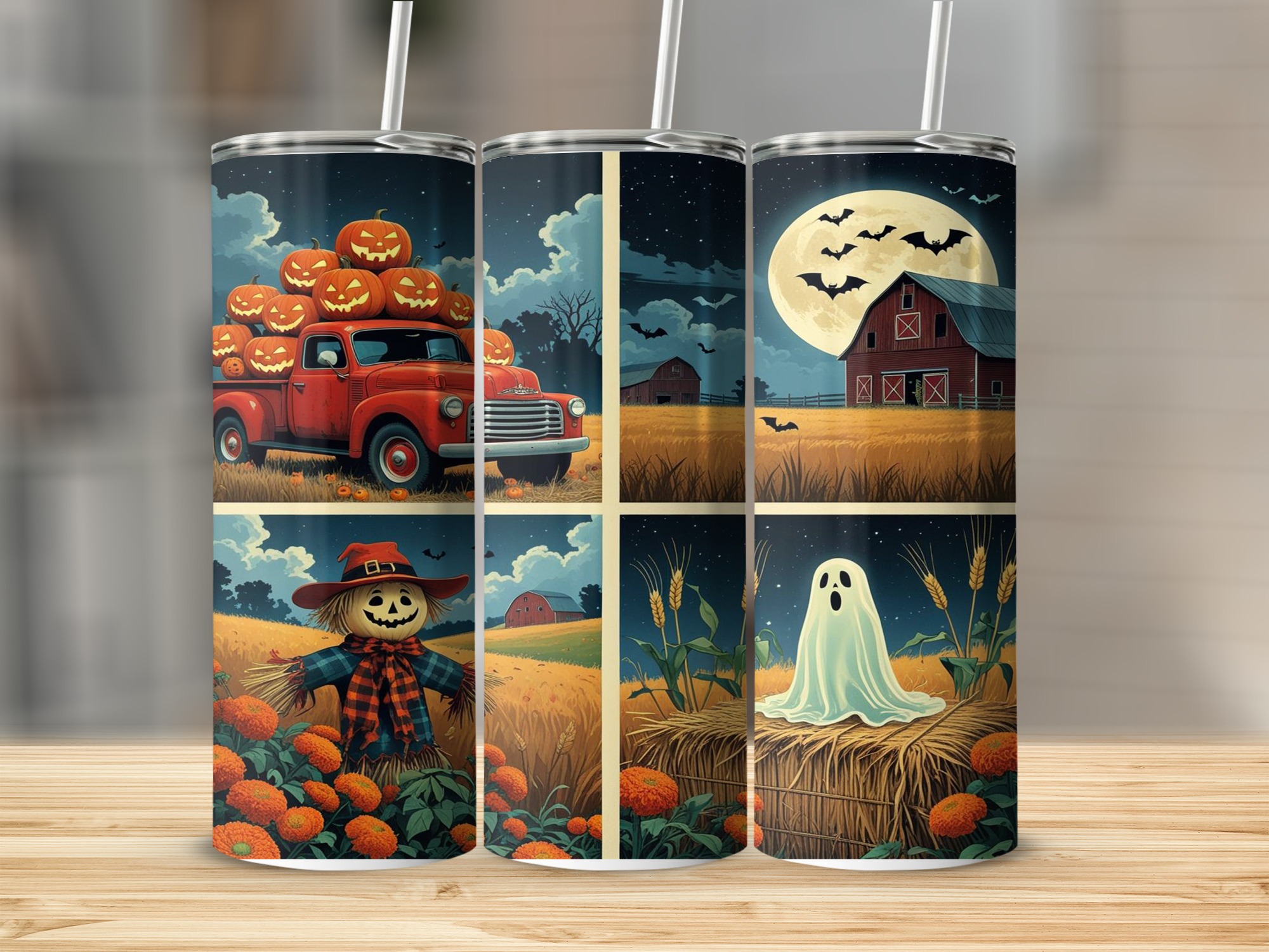 Halloween Tumbler Wrap Digital Download, 20oz Sublimation Design, Fall Truck, Ghost, Scarecrow, Barn, Autumn Nights, Full Wrap PNG