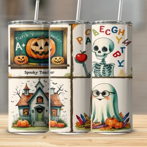Spooky Teacher 20oz Tumbler Wrap, Halloween Digital Download, Sublimation Design, Cute Ghost Pumpkin Skeleton PNG, Teacher Gift Idea