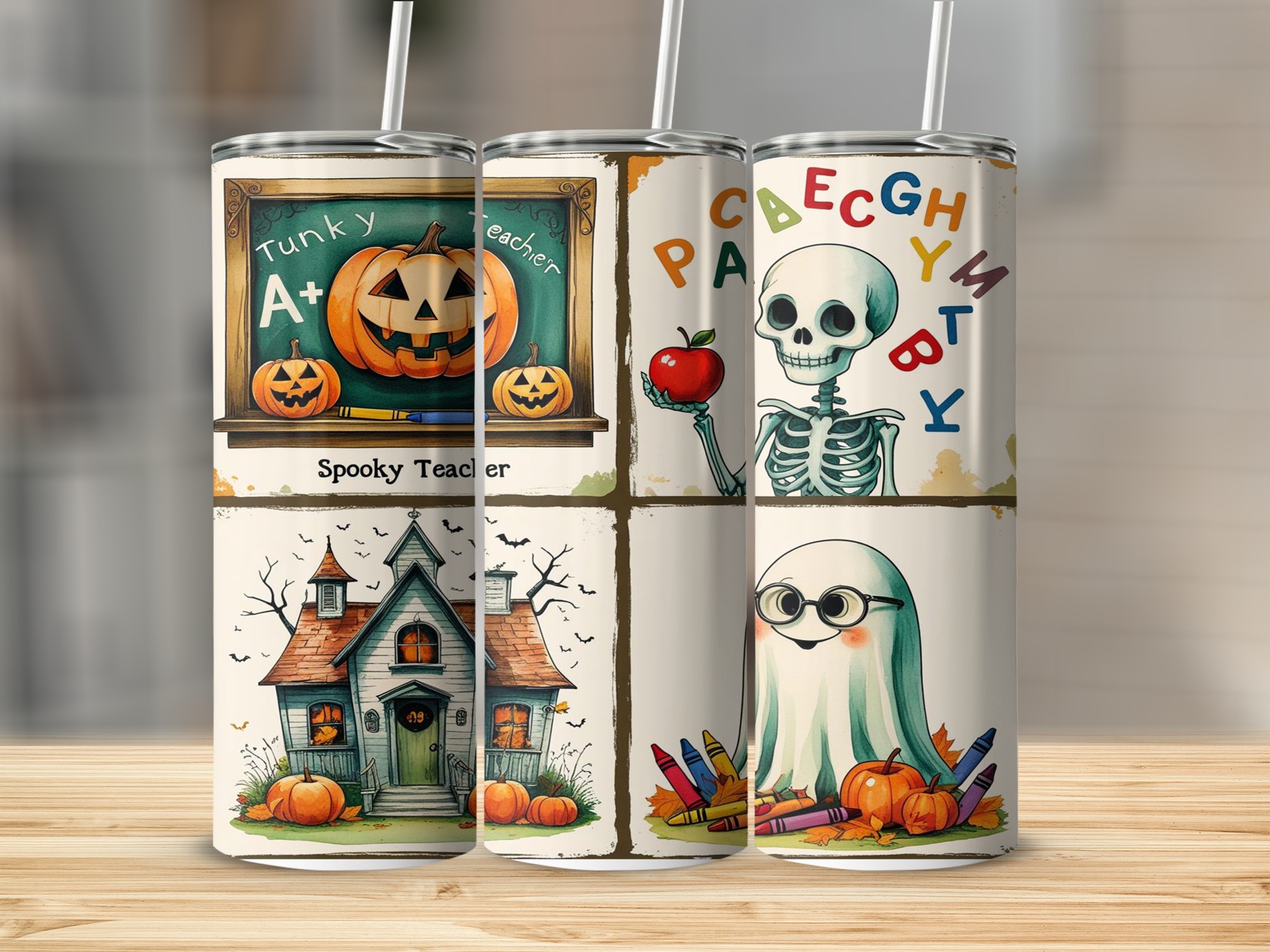 Spooky Teacher 20oz Tumbler Wrap, Halloween Digital Download, Sublimation Design, Cute Ghost Pumpkin Skeleton PNG, Teacher Gift Idea