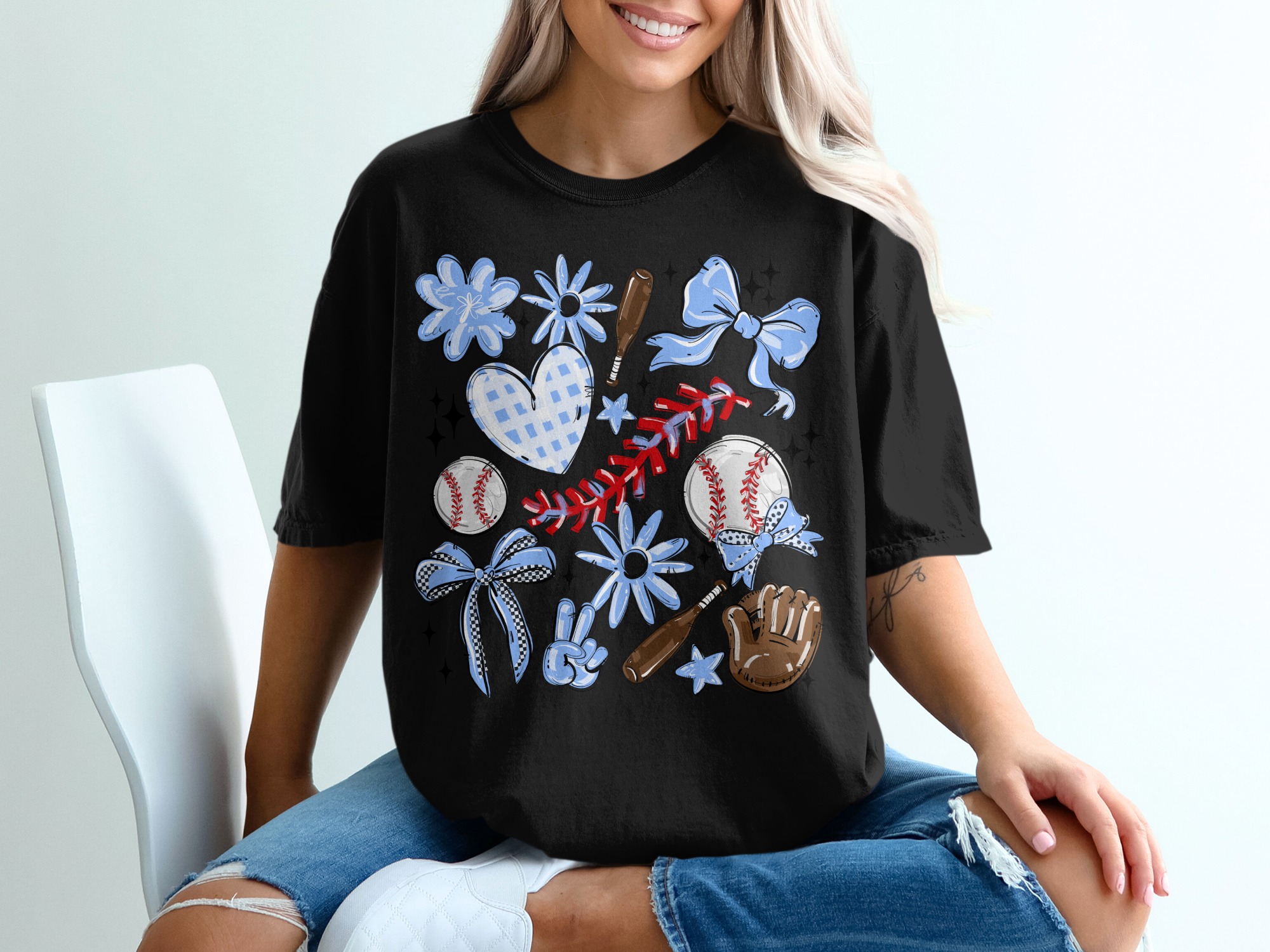 Baseball Mom T-Shirt, Comfort Colors 1717, Floral, Bow, Baseball Heart, Baseball Glove Tee, Game Day Shirt, Baseball Season Shirt - Image 3