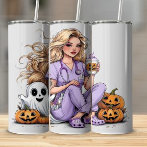Nurse Halloween Digital Download, 20oz Tumbler Wrap Sublimation Design, Spooky Season Nurse Gift, Ghost Pumpkin Tumbler Design PNG