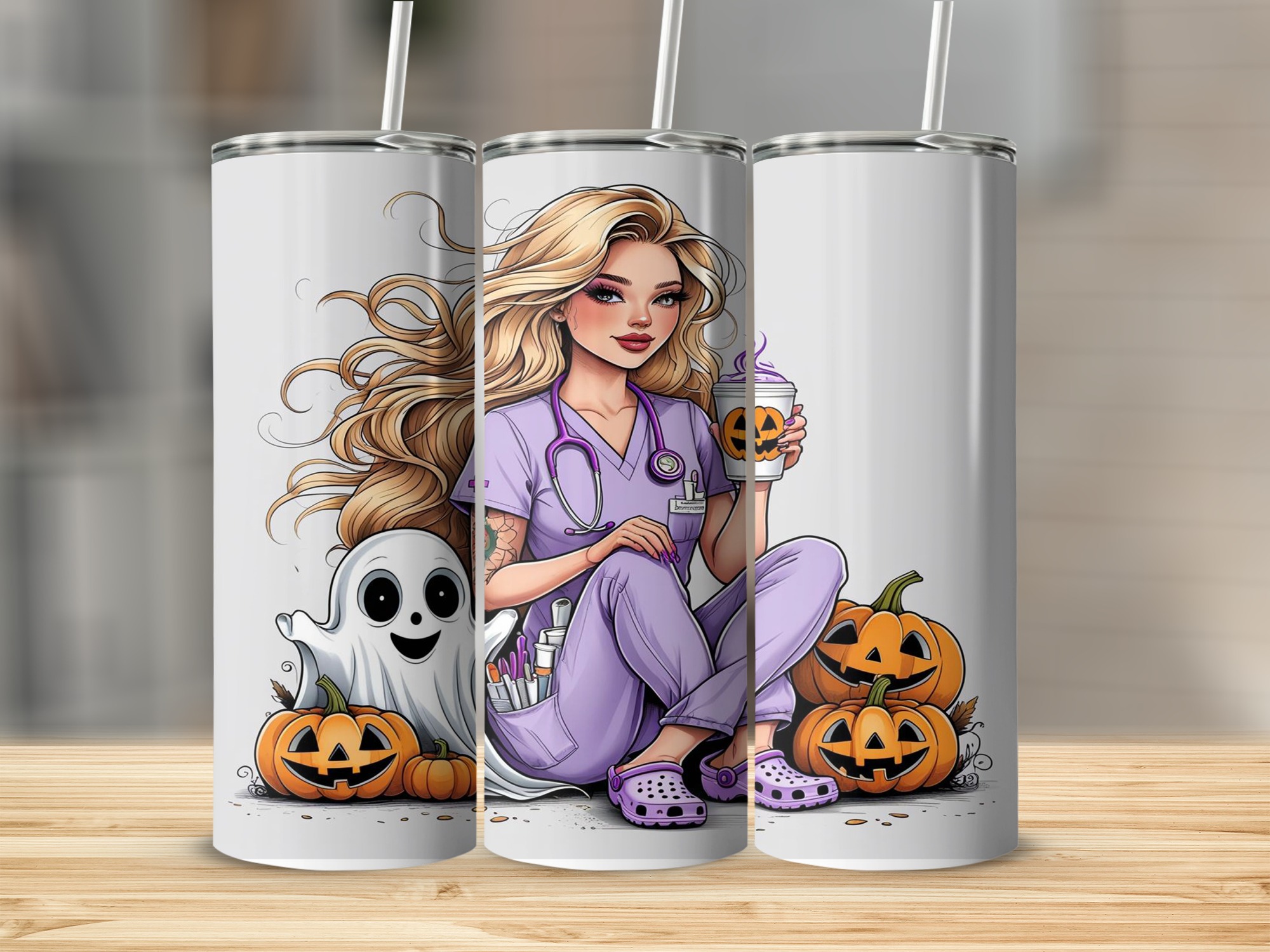 Nurse Halloween Digital Download, 20oz Tumbler Wrap Sublimation Design, Spooky Season Nurse Gift, Ghost Pumpkin Tumbler Design PNG