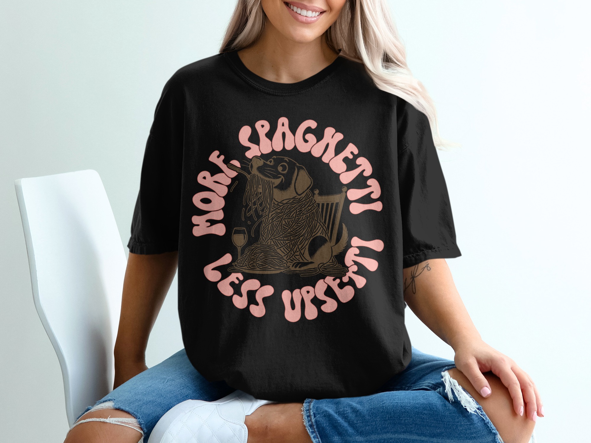 More Spaghetti Less Upset, Dog Lover T-Shirt, Foodie Gift, Cute Pet Tee, Unique Graphic, Funny Design, Pasta T Shirt, Dog Breed Apparel - Image 2