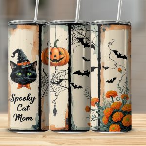 Spooky Cat Mom 20oz Tumbler Wrap, Halloween Digital Download, Cute Cat Sublimation Design, Pumpkin Bats Digital File, Fall Tumbler Design