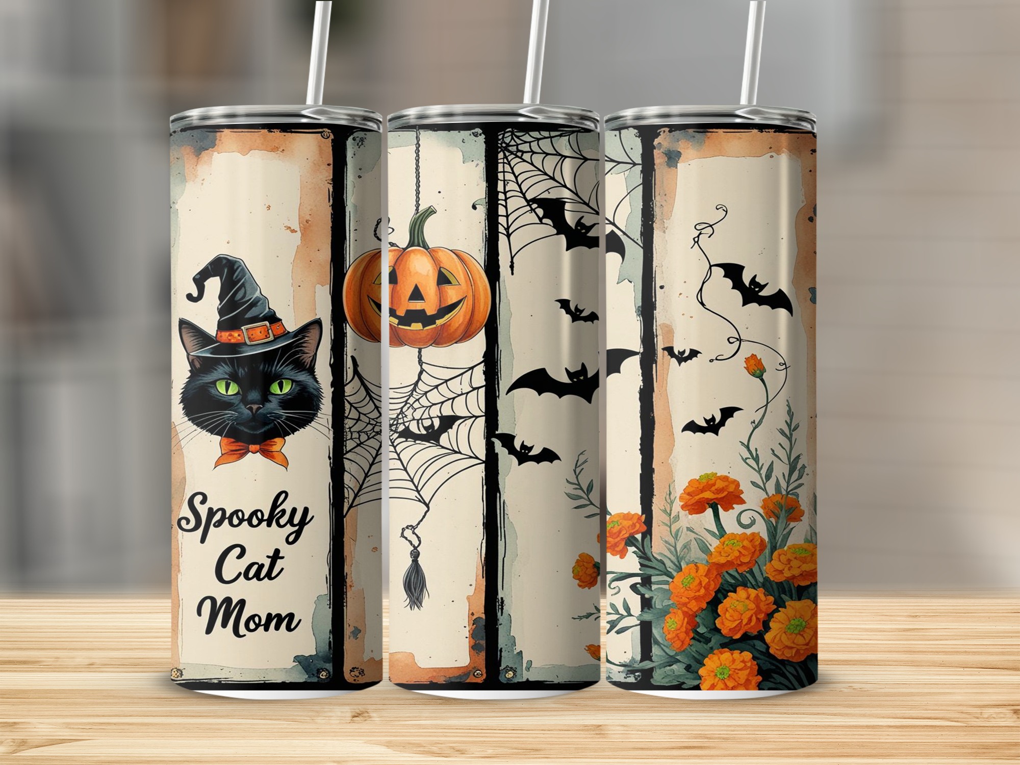 Spooky Cat Mom 20oz Tumbler Wrap, Halloween Digital Download, Cute Cat Sublimation Design, Pumpkin Bats Digital File, Fall Tumbler Design