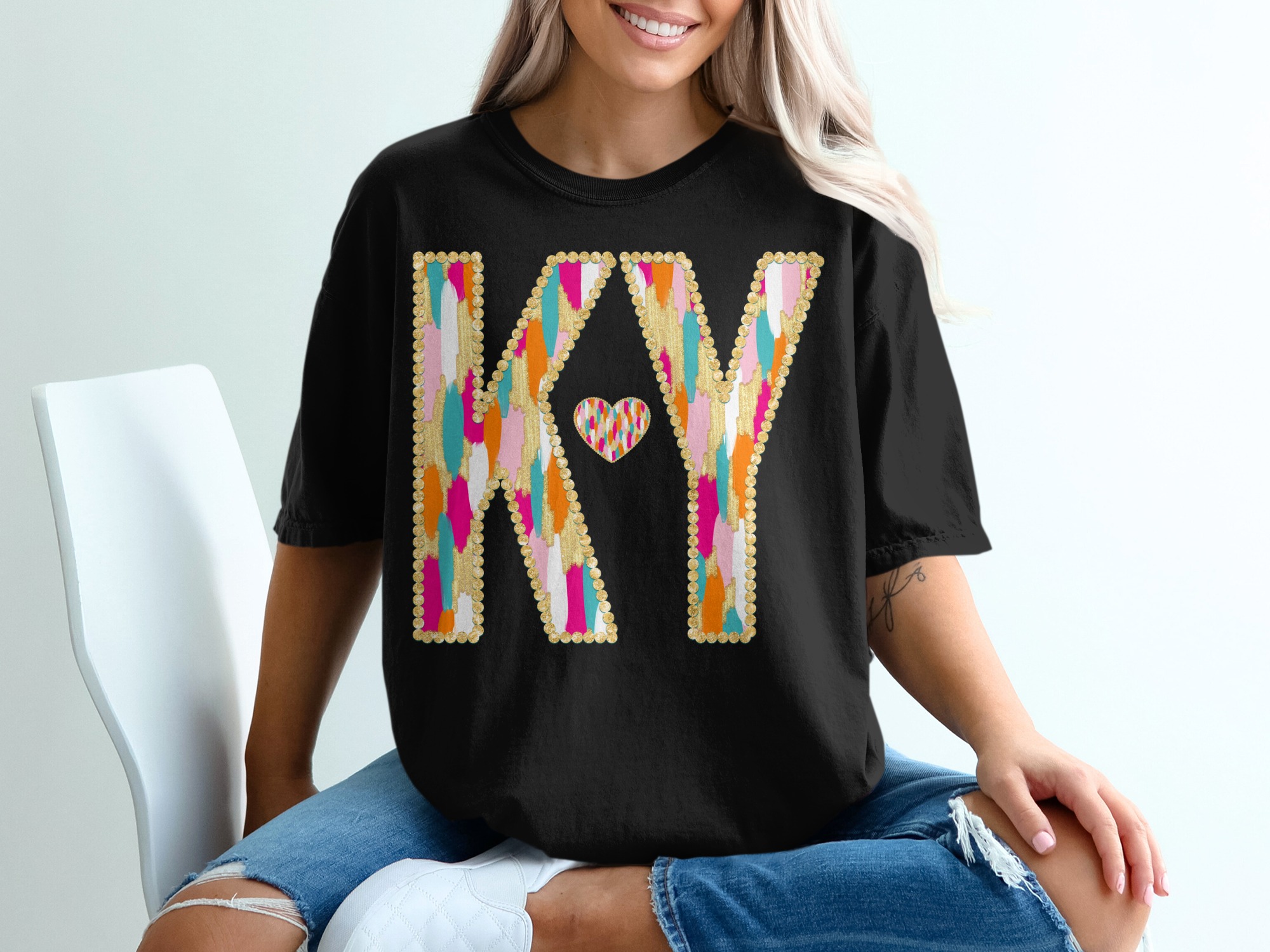 KY T Shirt, Kentucky State Pride, Comfort Colors 1717, Kentucky Home, Colorful Brushstrokes, Gold Outlines, Heart Graphic, T Shirt Gift - Image 3