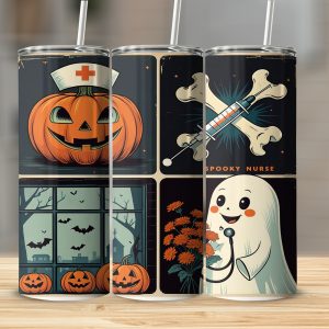 Digital Sublimation 20oz Tumbler Wrap, Halloween Nurse Spooky Design, Digital Download, Seamless, Full Wrap, Cute Ghost, Pumpkin Face