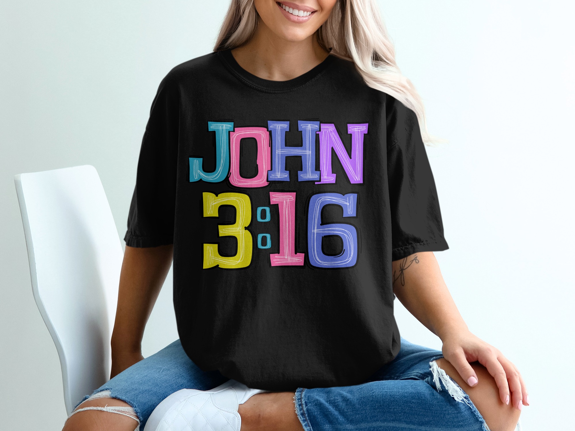 John 3 16 Colorful Illustration Christian T-Shirt - Image 2