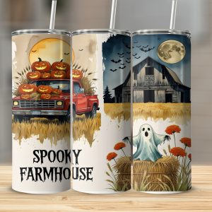 Spooky Farmhouse 20oz Tumbler Wrap, Halloween Digital Download, Pumpkin Truck, Ghost Barn, Sublimation Design, Fall Tumbler Design