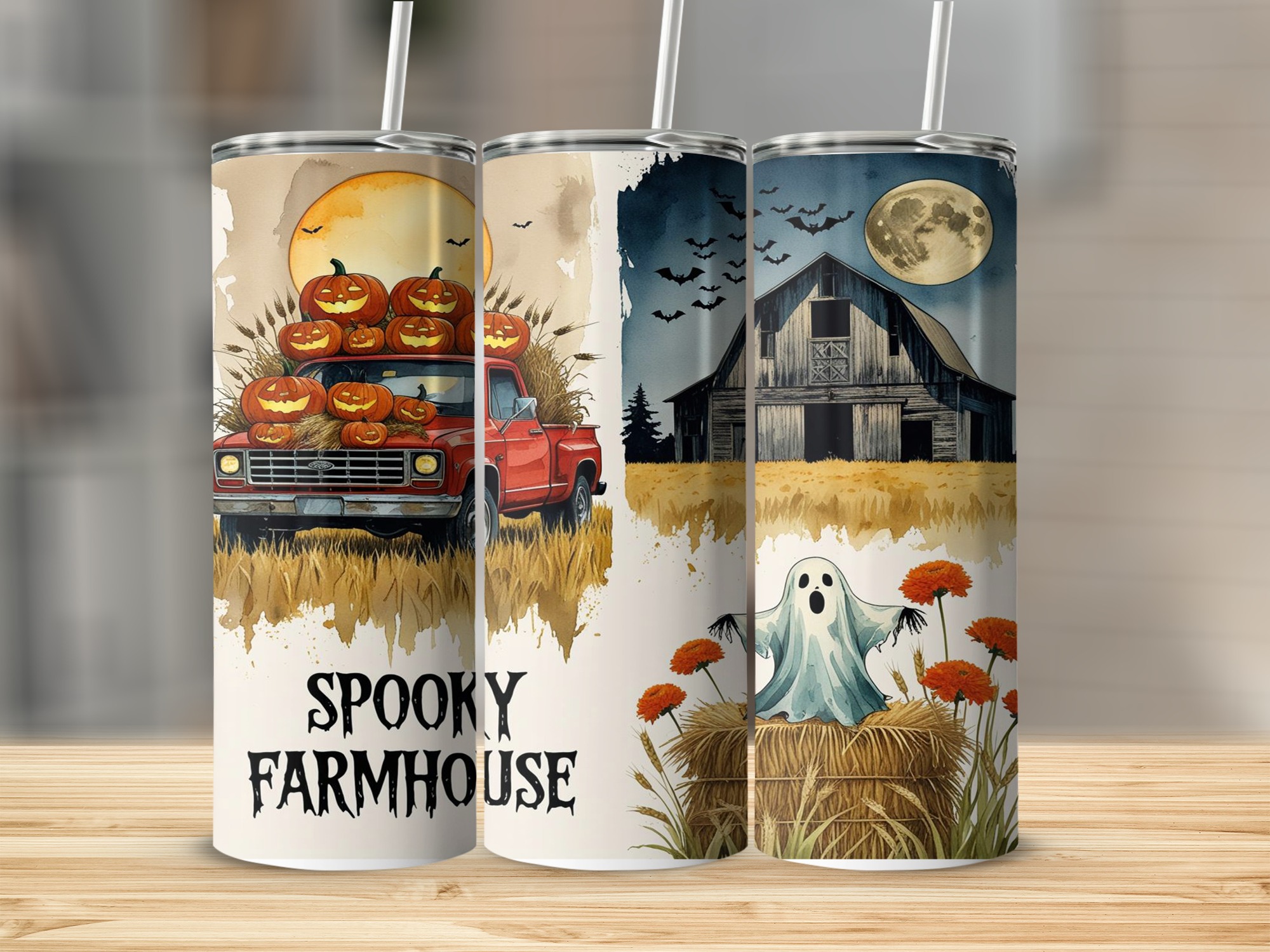 Spooky Farmhouse 20oz Tumbler Wrap, Halloween Digital Download, Pumpkin Truck, Ghost Barn, Sublimation Design, Fall Tumbler Design