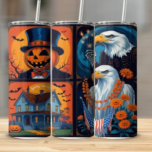 Patriotic Halloween 20oz Tumbler Wrap, Digital Sublimation, Spooky Eagle Pumpkin Design, Instant Download, Tumbler Template, USA Theme