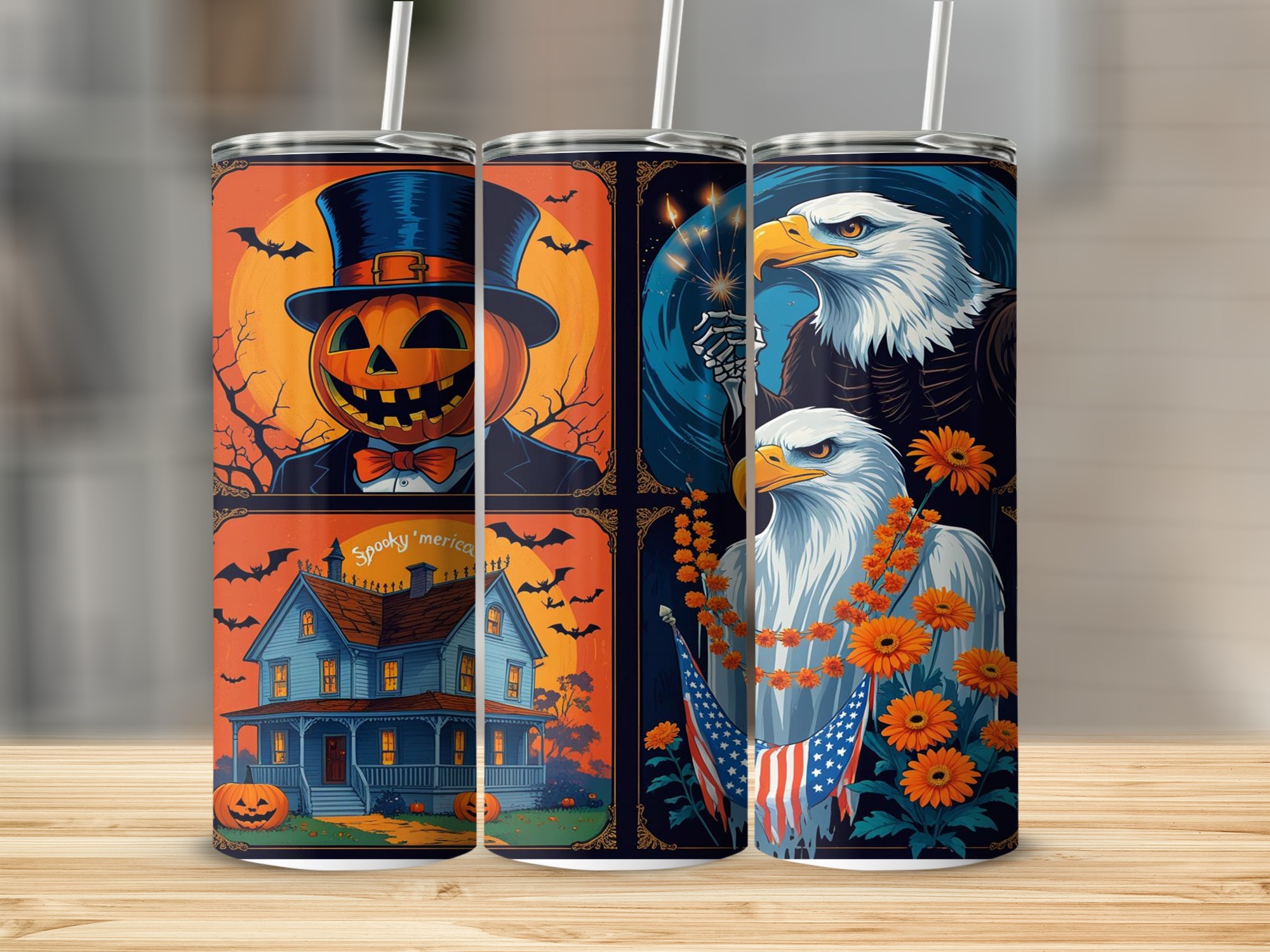 Patriotic Halloween 20oz Tumbler Wrap, Digital Sublimation, Spooky Eagle Pumpkin Design, Instant Download, Tumbler Template, USA Theme