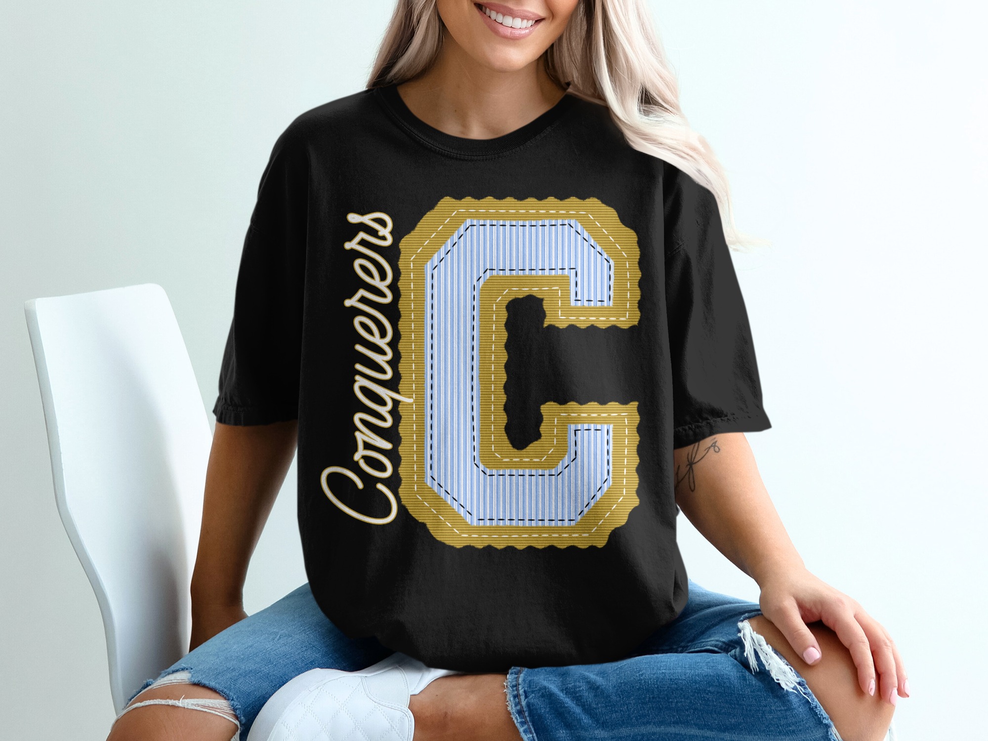 Conquerers Letter C T-Shirt, Striped Initials, Comfort Colors 1717 Tee, Personalized Collegiate Style, Trendy Varsity Shirt, prepster preppy - Image 3