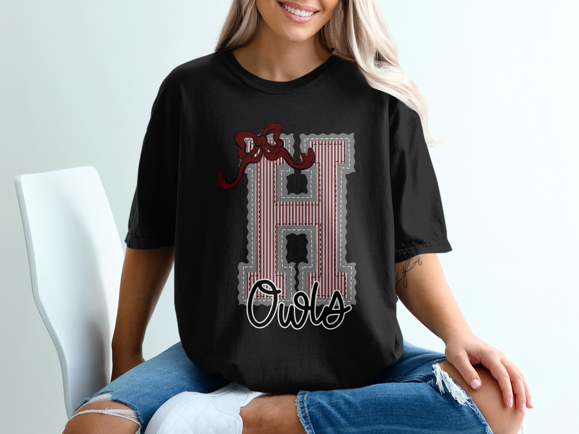 'H' Initial Owls Comfort Colors T-Shirt, Letter with Bow, University Fan Tee, Owls Pride Shirt, College Apparel, Spirit Wear, Gift, prepster preppy - Image 2