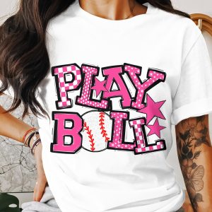 Play Ball T-Shirt, Baseball Tee, Pink Star Shirt, Sports Fan Gift, Trendy Graphic Tee, Unique Design, Cute Baseball Shirt