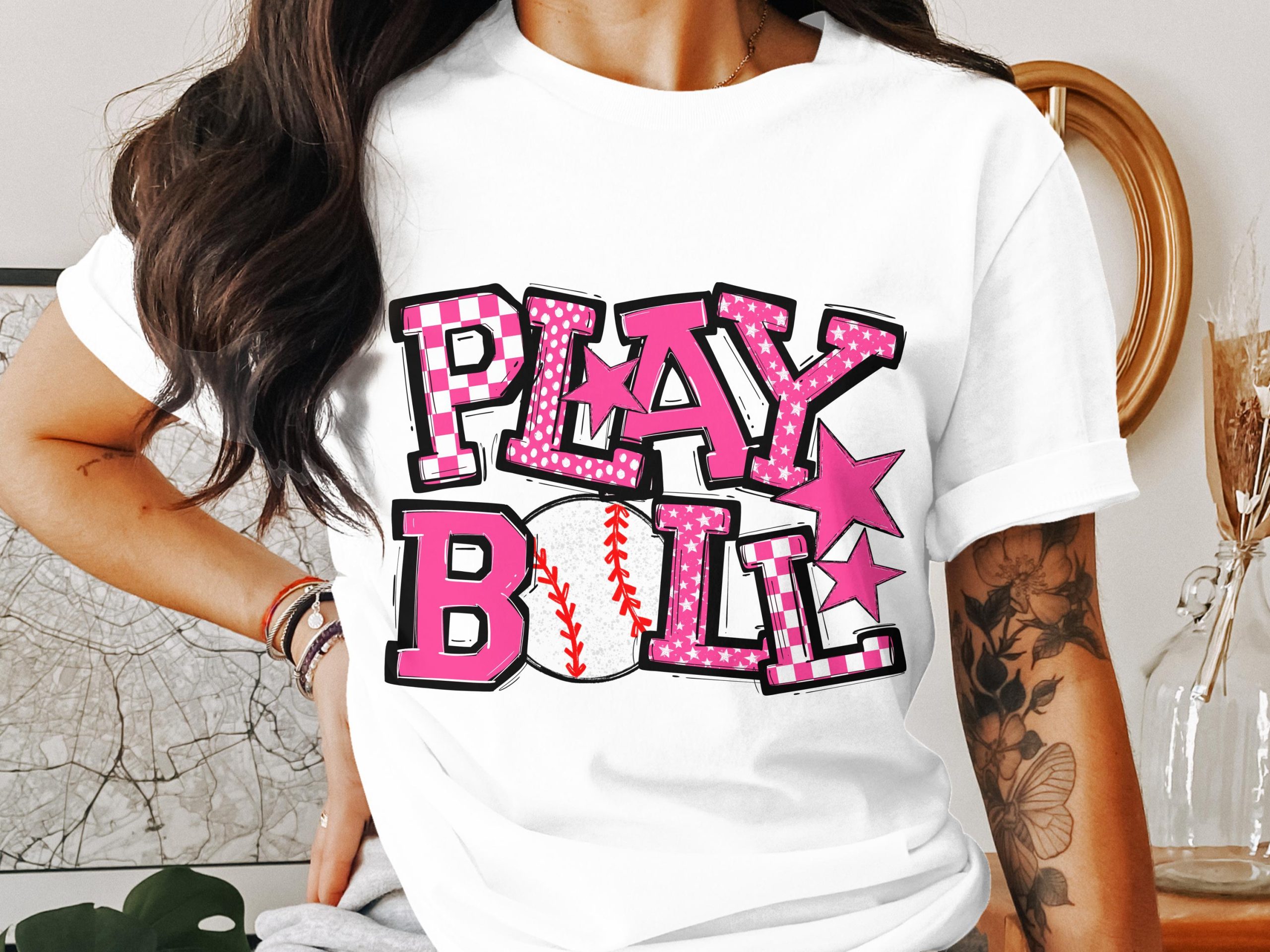 Play Ball T-Shirt, Baseball Tee, Pink Star Shirt, Sports Fan Gift, Trendy Graphic Tee, Unique Design, Cute Baseball Shirt