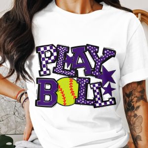 Play Ball T-Shirt, Softball Tee, Purple Stars, Checkerboard Pattern, Sports Fan Shirt, Graphic Tee, Team Spirit T-Shirt, Gift For Softball