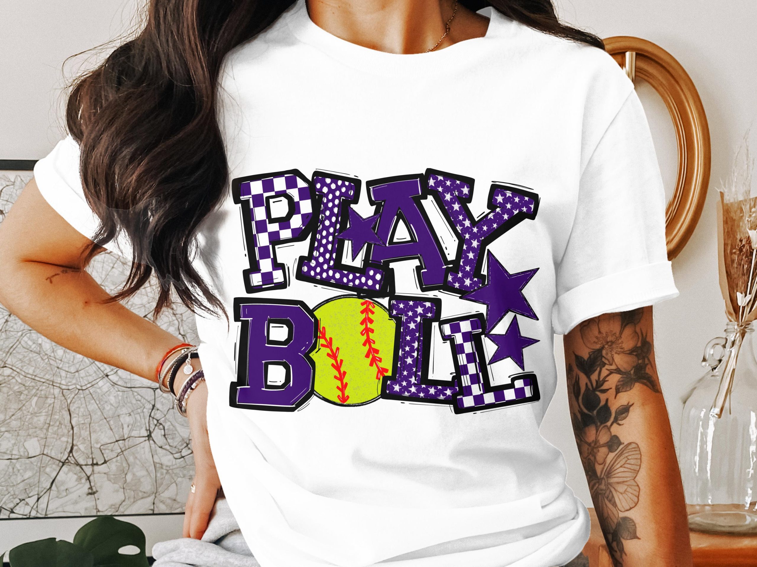 Play Ball T-Shirt, Softball Tee, Purple Stars, Checkerboard Pattern, Sports Fan Shirt, Graphic Tee, Team Spirit T-Shirt, Gift For Softball