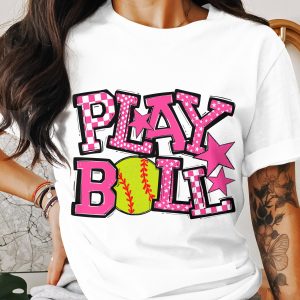 Play Ball T Shirt, Softball Shirt, Baseball T-Shirt, Game Day Tee, Sports TShirt, Pink Stars Tee, Gift for Athletes, Women T-Shirt