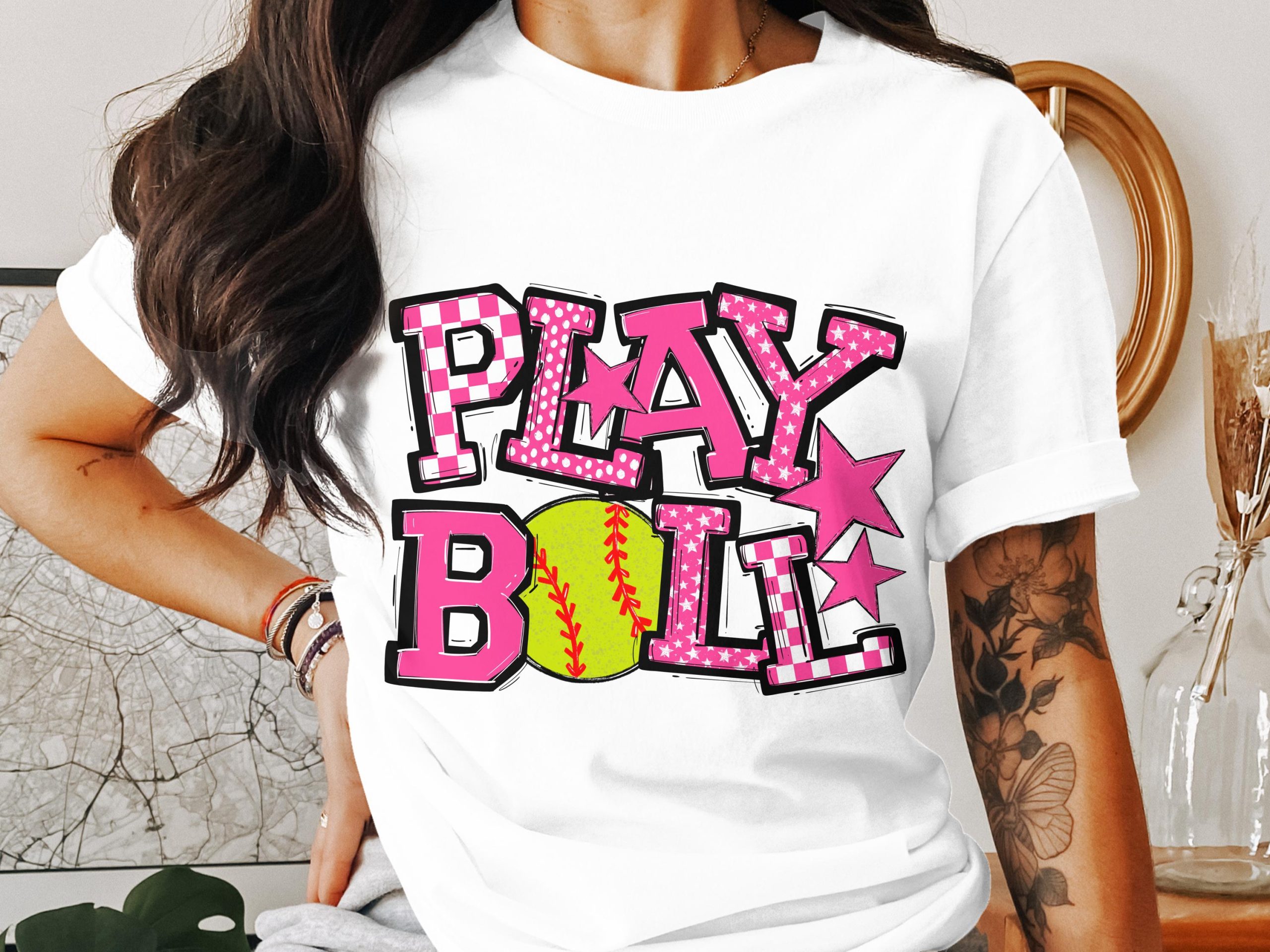 Play Ball T Shirt, Softball Shirt, Baseball T-Shirt, Game Day Tee, Sports TShirt, Pink Stars Tee, Gift for Athletes, Women T-Shirt
