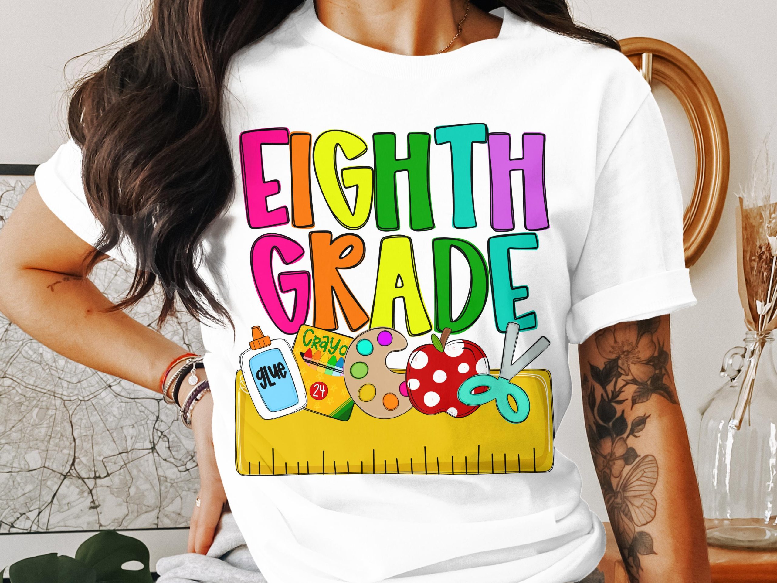 Eighth Grade T-Shirt, Back To School Shirt, Teacher Gift, School Supplies Tee, Colorful Eighth Grade Graphic T-Shirt