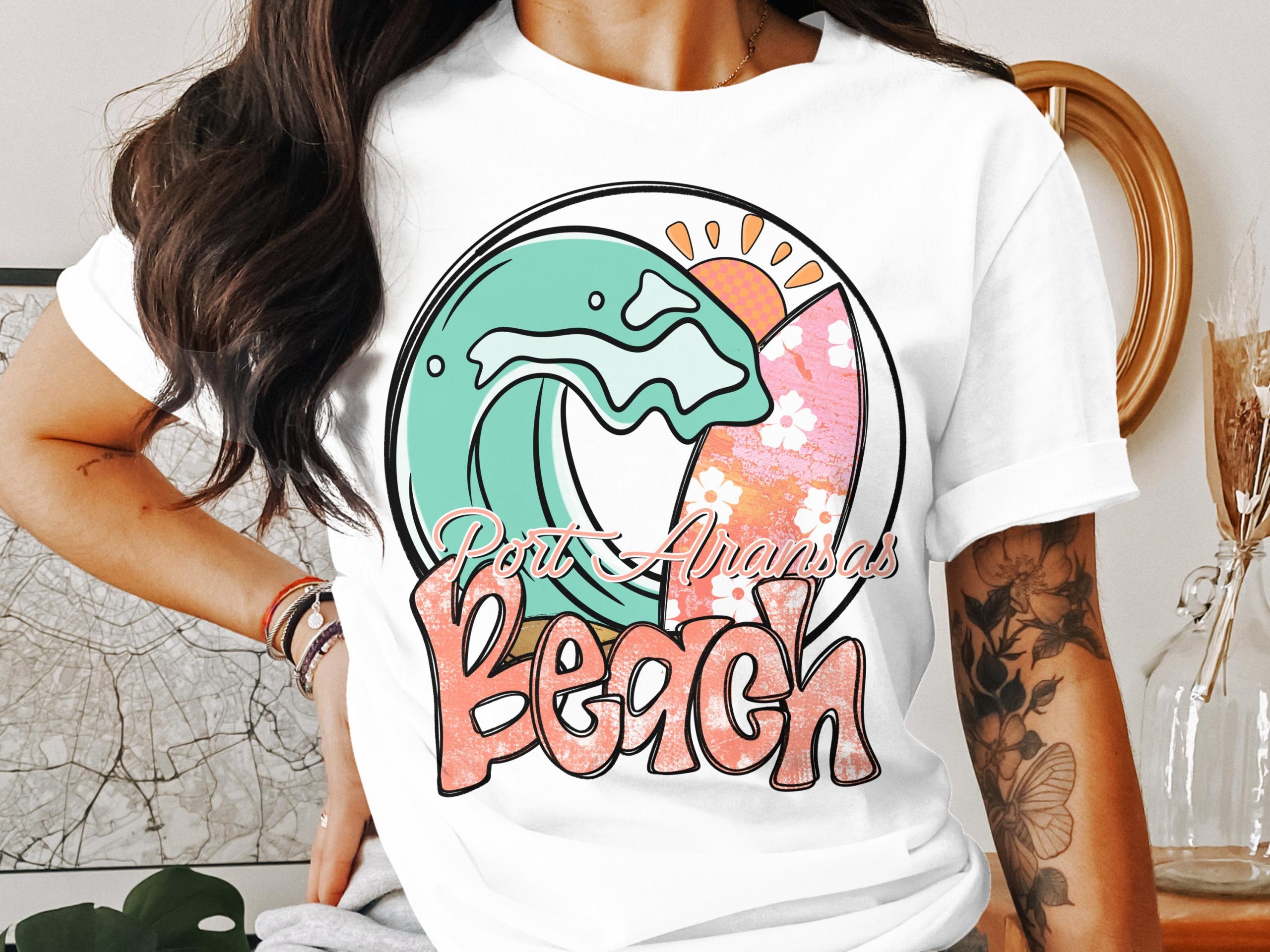 Port Aransas Beach T-Shirt, Texas Vacation, Surf Wave Tee, Souvenir Shirt, Travel Gift, Summer Beach Trip, Floral Surfboard, Gift for Beach