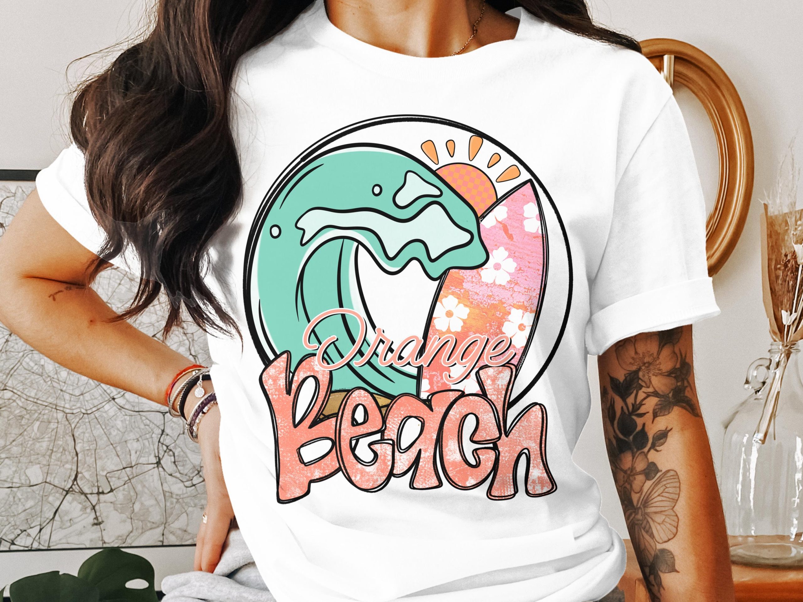 Orange Beach T-Shirt, Beachy Wave Graphic Tee, Summer Vacation Shirt, Trendy Travel Tee, Surfboard TShirt, Cute Beach Shirt