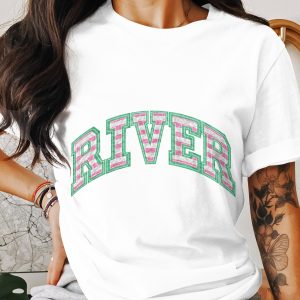 River T-Shirt, Pink White Green Letters, Trendy Shirt, College Inspired Tee, Casual Top, Unique Gift, Fashionable T Shirt, Stylish Apparel