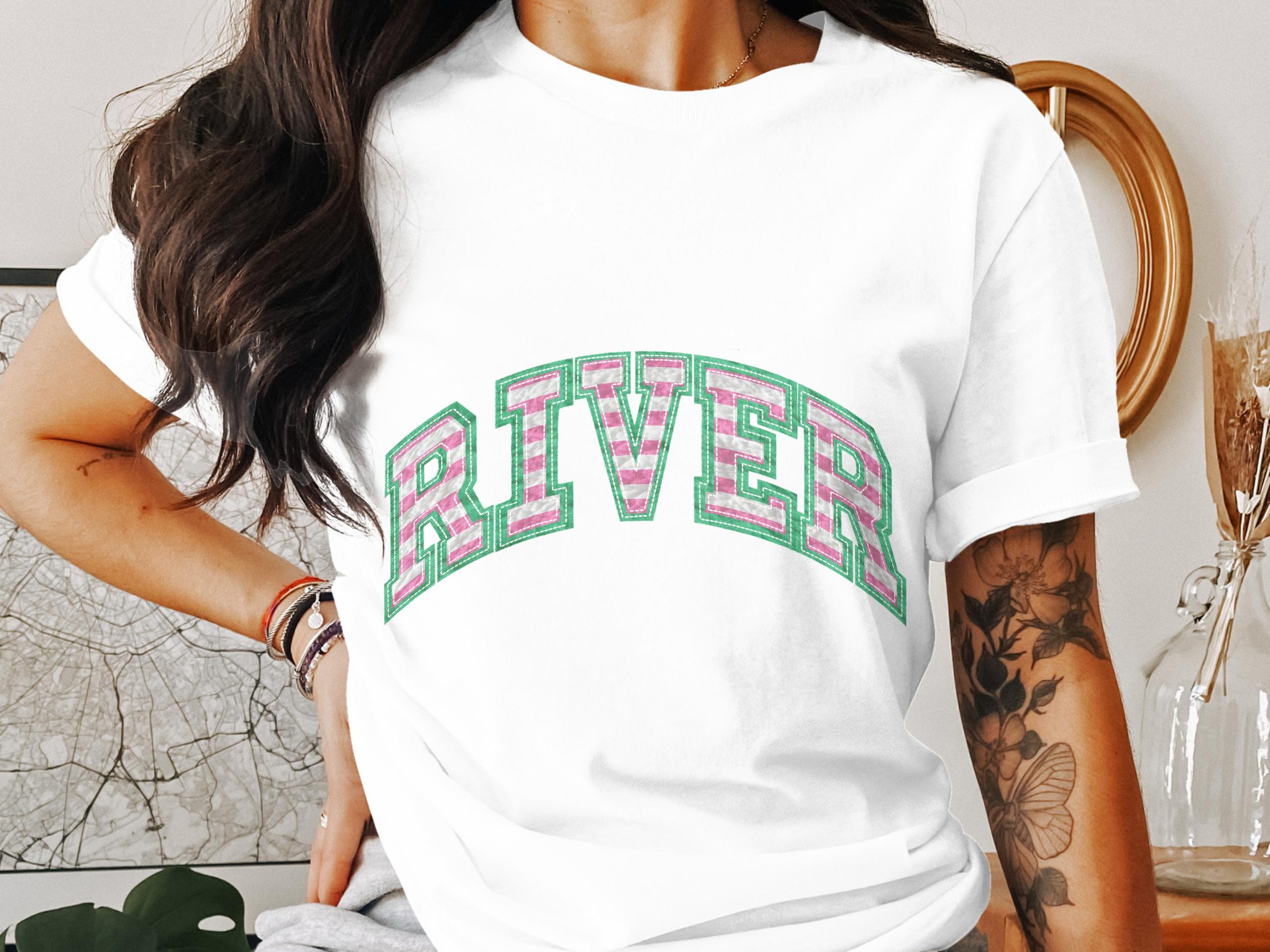 River T-Shirt, Pink White Green Letters, Trendy Shirt, College Inspired Tee, Casual Top, Unique Gift, Fashionable T Shirt, Stylish Apparel