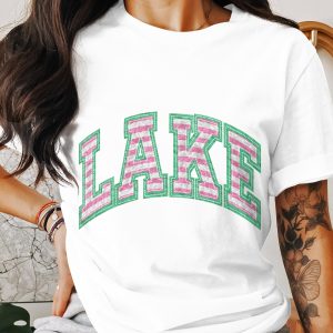 Lake T-Shirt, College Style Tee, Striped Letter Shirt, Outdoors Apparel, Summer Vacation, Lake Lover Gift, Trendy T Shirt