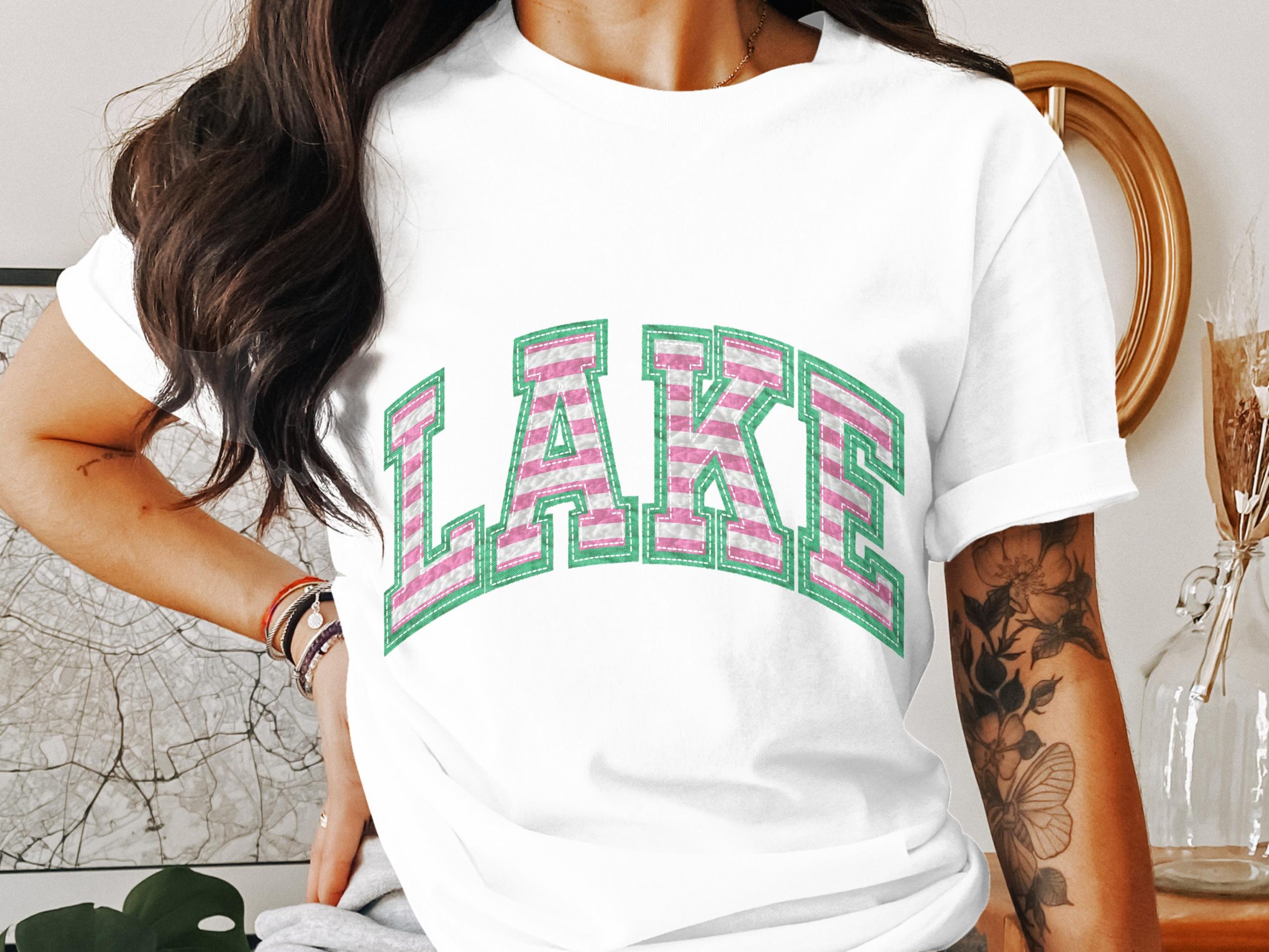 Lake T-Shirt, College Style Tee, Striped Letter Shirt, Outdoors Apparel, Summer Vacation, Lake Lover Gift, Trendy T Shirt